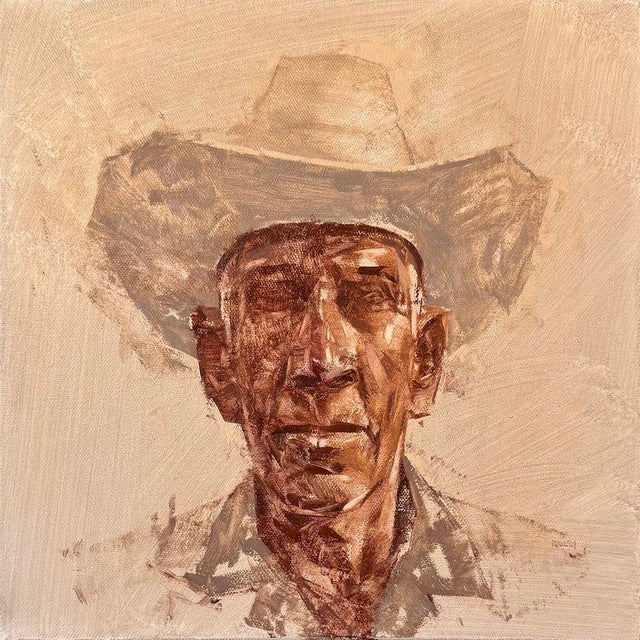 The artwork presents a striking portrait of a man adorned with a wide-brimmed hat, rendered in warm, earthy tones that...