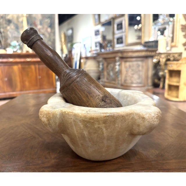 French 19th Century French Carved White Marble Mortar With Wood Pestle For Sale - Image 3 of 8