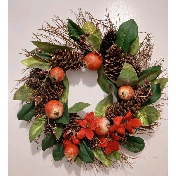 Wood Pomegranate Winter Door Wreath Beautiful Realistic Holiday Christmas Arrangement For Sale - Image 7 of 16