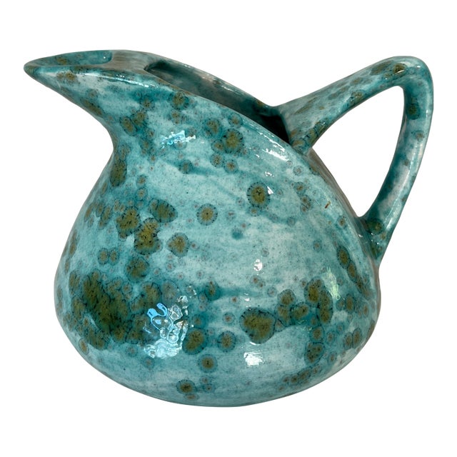 Studio Art Pottery Pitcher Turquoise Crystalline Glaze Signed HKS c.1960s For Sale
