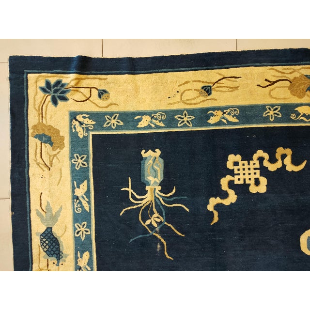 Chinese 1880s Navy Blue and Tan Chinoiserie Pattern Floral Antique Chinese Peking Rug For Sale - Image 3 of 8