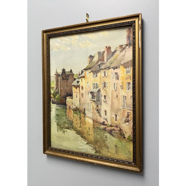 1930s French Watercolor of Sun-Drenched Houses in Period Gilt Frame For Sale - Image 4 of 12