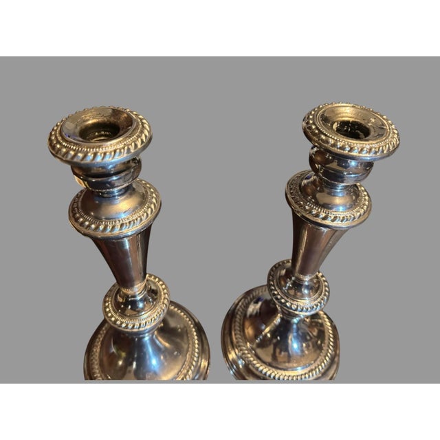 Early 20th Century Vintage Silverplate Candlesticks Pair 12.5” English Silver MFG Corp Usa Gadroon For Sale - Image 5 of 7