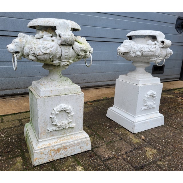 Antique Cast Iron Vases with Columns, Set of 2 For Sale - Image 4 of 11