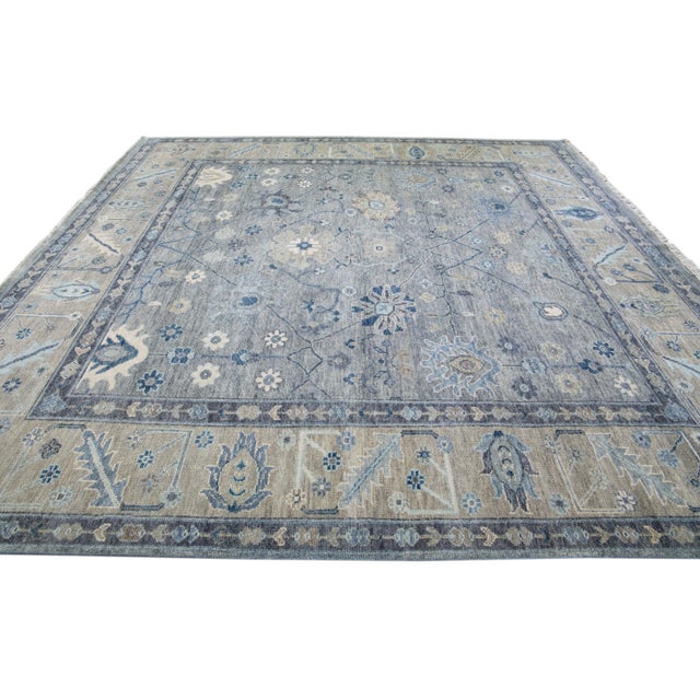 2020s Modern Gray Oushak Style Handmade Floral Motif Square Wool Rug For Sale - Image 5 of 10