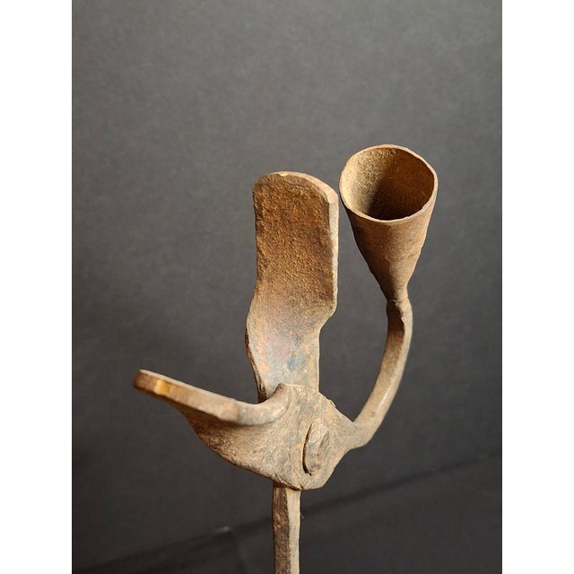 Burnt Umber Antique Wrought Iron Rushlight Holder Candle Socket Wood Base Richard Morgan For Sale - Image 8 of 17