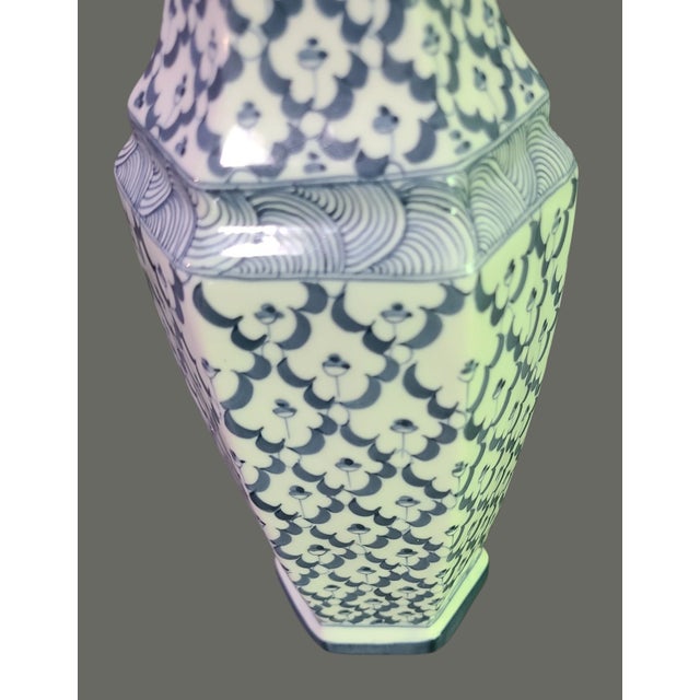 Vintage Hand Painted Asian Motif Blue & White Hexagonal Vase For Sale - Image 4 of 8