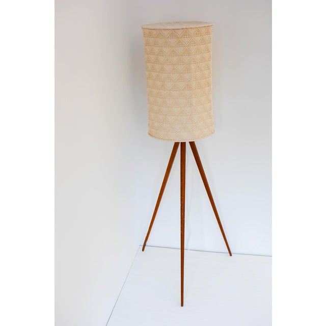 Large Scandinavian Teak Tripod Floor Lamp with Drawn Thread Embroidery Shade For Sale - Image 4 of 13