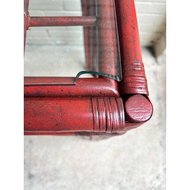 Vintage Red Split Reed and Rattan Glass Top Console Entry Table - Newly Painted For Sale - Image 12 of 12