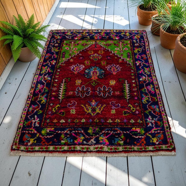 Turkish Vintage Hand-Knotted Turkish Rug Prayer Rug Ultra Soft Wool Rug Wall Decor Religious Tapestry 3x4 Ft Approx For Sale - Image 3 of 15