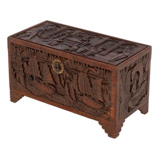 Chinese Figural Carved Camphor Wood Chest For Sale