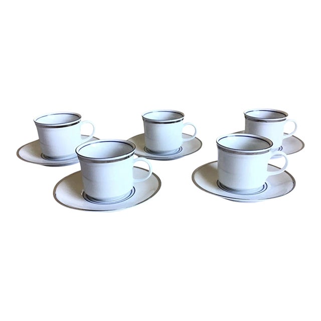 Mid 20th Century Mitterteich German Bavaria Blue Silver Porcelain Demitasse Cup Set- 10 Pieces For Sale