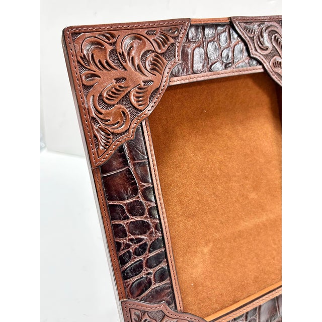 Brown 1970s Southwestern Tooled Leather Picture Frame With Croc Embossed Accents For Sale - Image 8 of 10