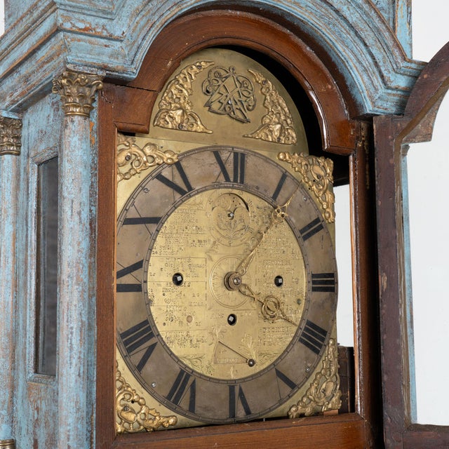 Wood Early 19th Century Swedish Blue Painted Pine Grandfather Clock For Sale - Image 7 of 14