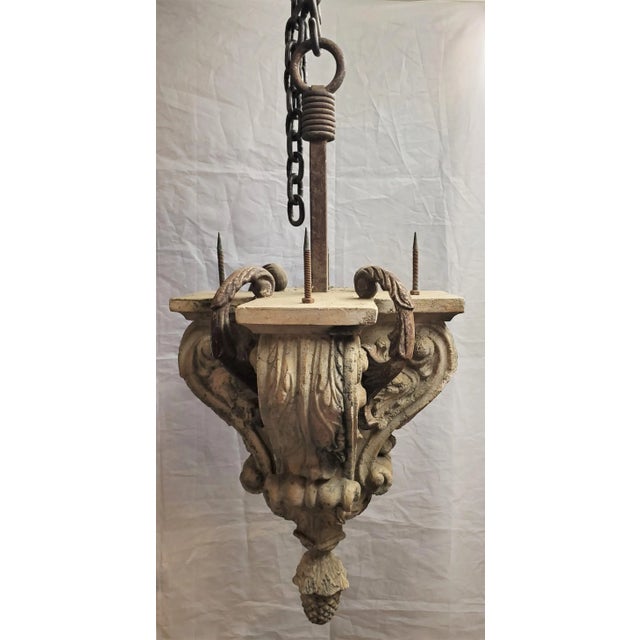Composite and iron hanging pendant. Great texture and wear to the body. Aged look with great patina.