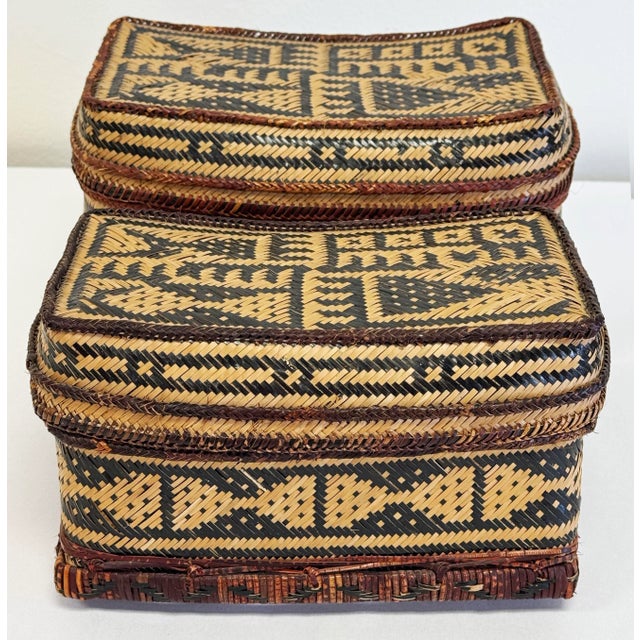 Brown Vintage Nesting Woven Reed Lidded Basket Boxes For Sale - Image 8 of 9