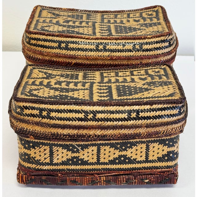 Brown Vintage Stacking Woven Reed Lidded Basket Boxes For Sale - Image 8 of 9