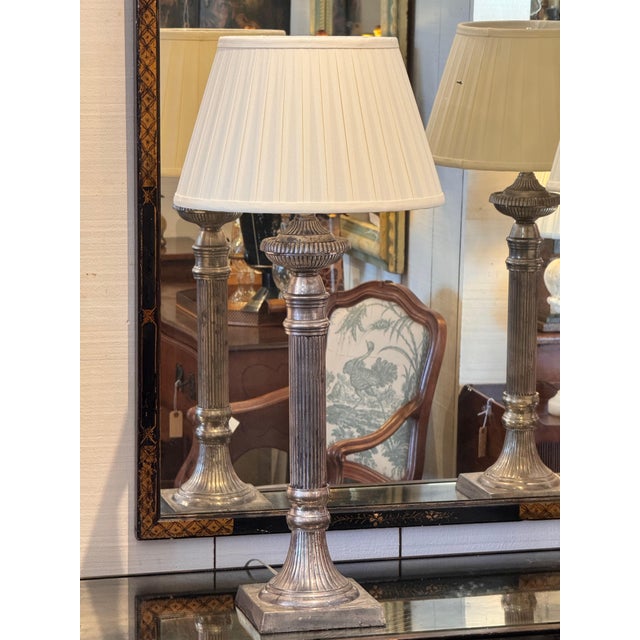 1950s Pair of Silver Column Lamps For Sale - Image 5 of 12