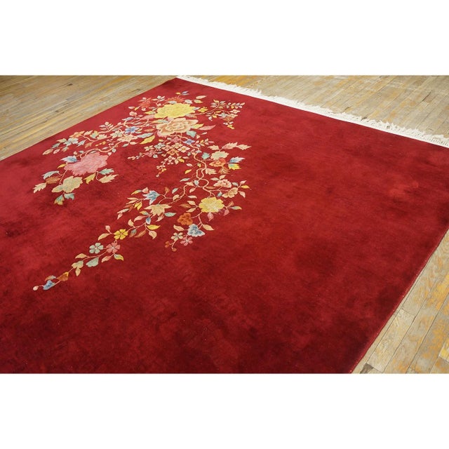 Textile 1930s Ruby Red Modern Floral Antique Chinese Art Deco Carpet 8'10" X 11'8" Rug For Sale - Image 7 of 9
