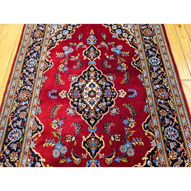 Persian Vintage Persian Kashan Rug, Hand-Knotted Wool, Floral Pattern, Red & Navy, 4x6 For Sale - Image 3 of 17