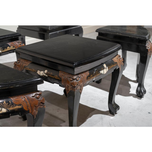 Vintage Chinese Tables in Black Lacquered Wood with Carvings, 1950s, Set of 6 For Sale - Image 4 of 9
