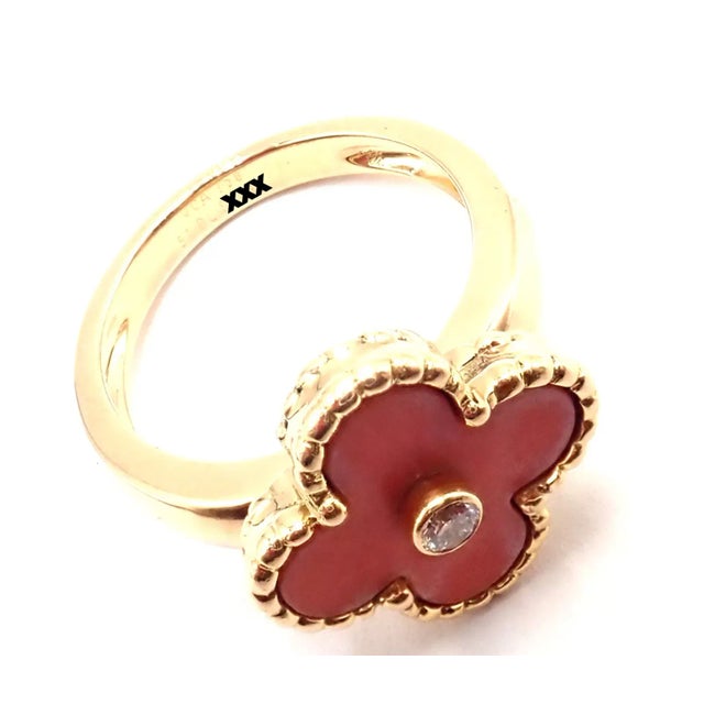 Van Cleef & Arpels Alhambra Yellow Gold Coral Diamond Ring For Sale - Image 9 of 9