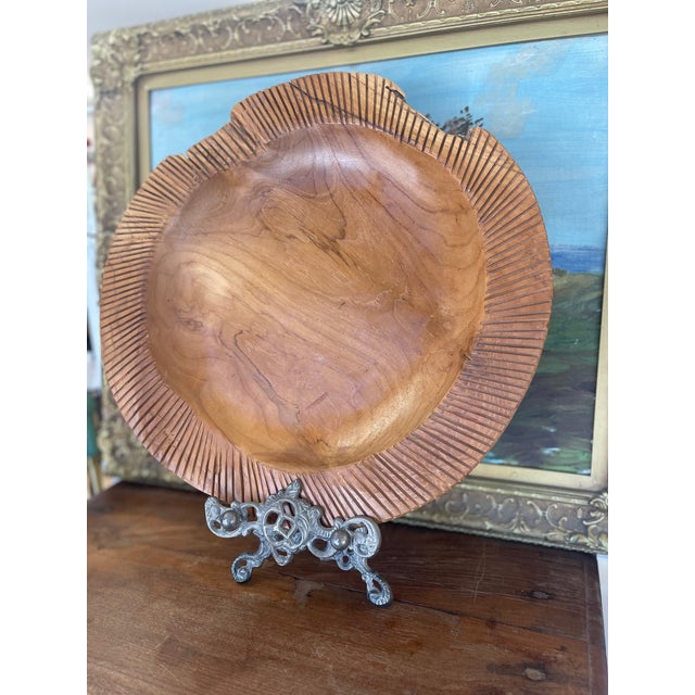 Wood Mid-Century Hand-Carved Solid Wood Decorative Bowl With Chiseled Rim Detailing. For Sale - Image 7 of 10