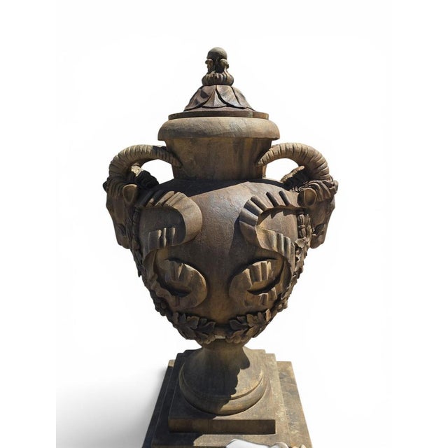 Architectural Stone Urns with Ram Heads, Italy, 1940s, Set of 2 For Sale - Image 11 of 12