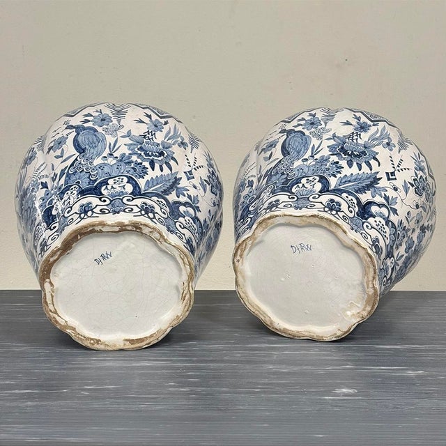 Pair of 19th Century Hand Painted Dutch Blue & White Delft Covered Vases ~ Urns For Sale - Image 17 of 18