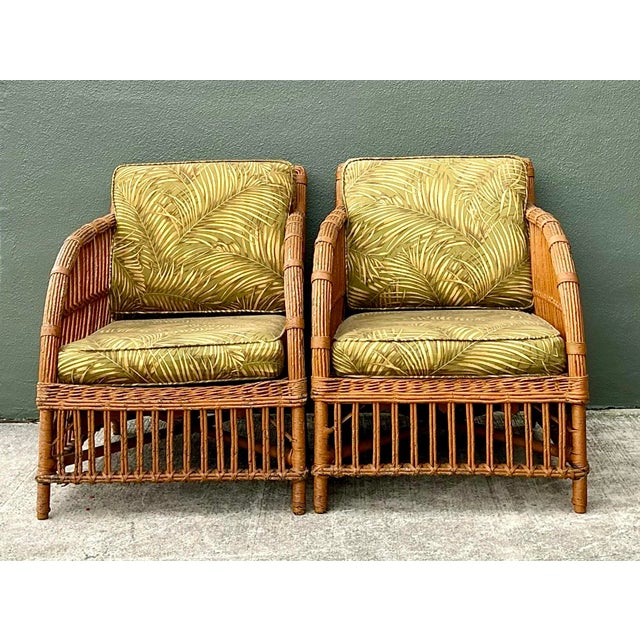 Wood Vintage Stick Rattan Lounge Chairs - A Pair For Sale - Image 7 of 12