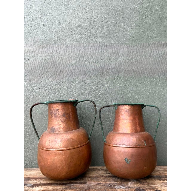 Moroccan Vintage Moroccan Patinated Hammered Copper Water Jugs - A Pair For Sale - Image 3 of 12