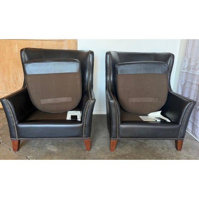 Pair of Thomasville Black Leather Wingback Lounge Chairs For Sale - Image 11 of 17