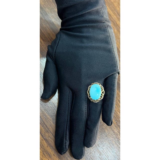 Blue Teal Turquoise Champagne Diamonds Halo 14k Yellow Gold Statement Ring, Size 6 For Sale - Image 12 of 12