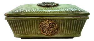 Vintage Italian Green Glazed Ceramic Trinket Box With Gold Filigree Medallions