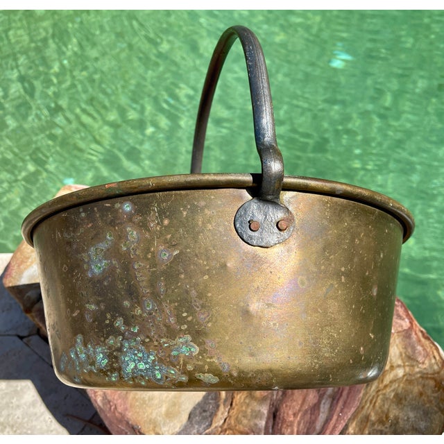 Metal Large Antique Brass & Wrought Iron Hearth Pot/Cauldron For Sale - Image 7 of 8