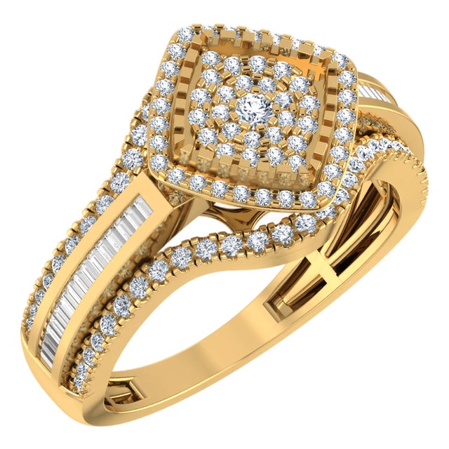 10K Yellow Gold Round Baguette Diamond Square Head Sz 7 Designer Ladies Ring 3/4 Cttw For Sale