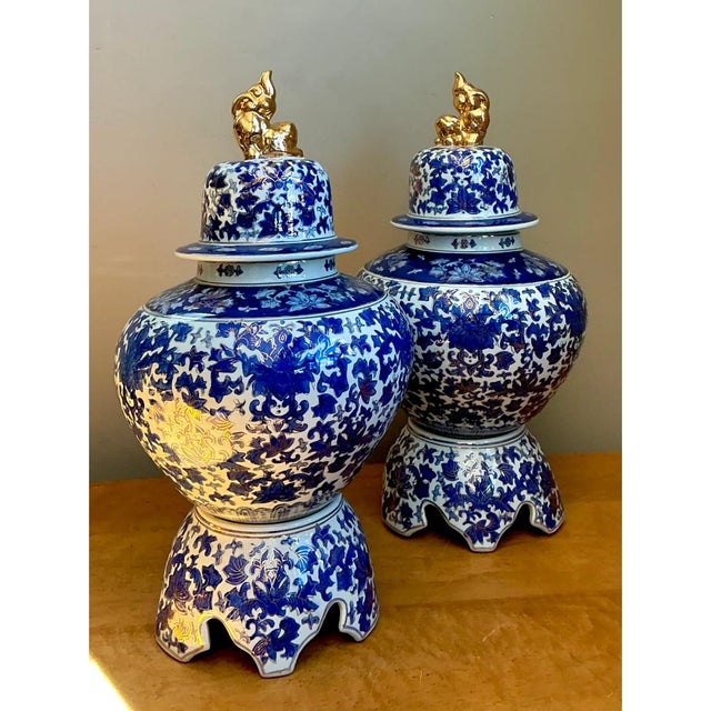 Vintage Blue and White Ceramic Lidded Jars - Pair For Sale - Image 10 of 12