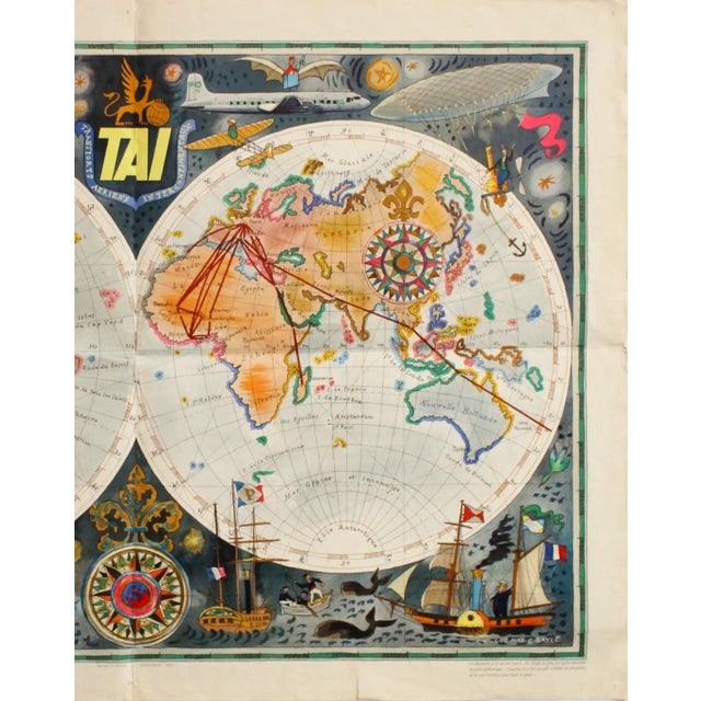 Illustration 1954 Vintage French Map, Tai Transports Aériens Intercontinentaux - Luc-Marie Bayle For Sale - Image 3 of 6