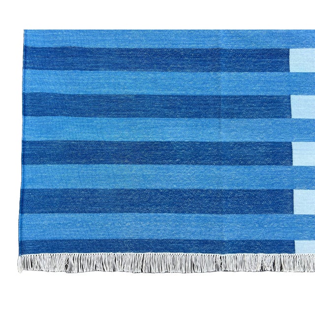 Handmade Cotton Area Rug, Natural Vegetable Dyed, Indigo Blue Striped Rug - 12'x15' For Sale - Image 12 of 13