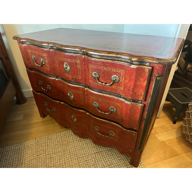 Theodore Alexander Red Leather-Wrapped Serpentine Three-Drawer Chest With Gilt Decoration For Sale In Phoenix - Image 6 of 16