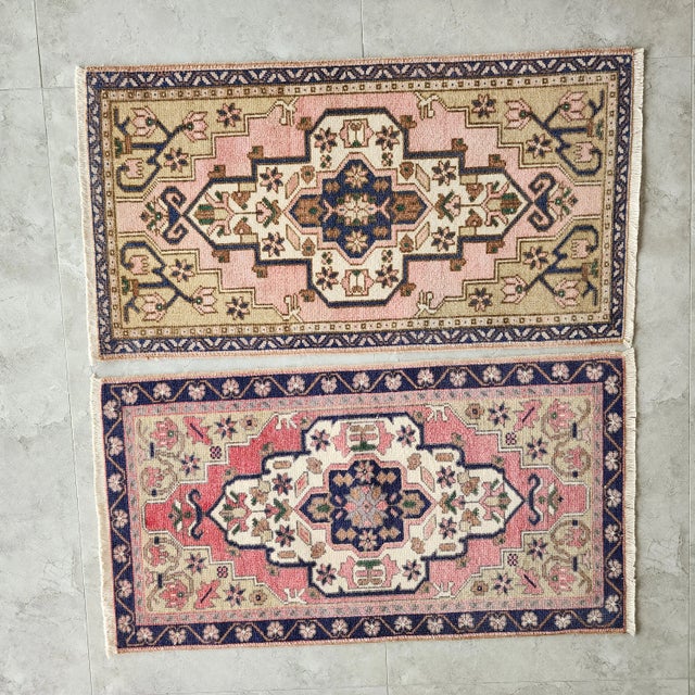 Small Turkish Oushak Miniature Rug - Set of Two 22'' x 40.1'' - 21.6'' x 40.1''/ 56x102 55x102 Cm Hand woven with high...