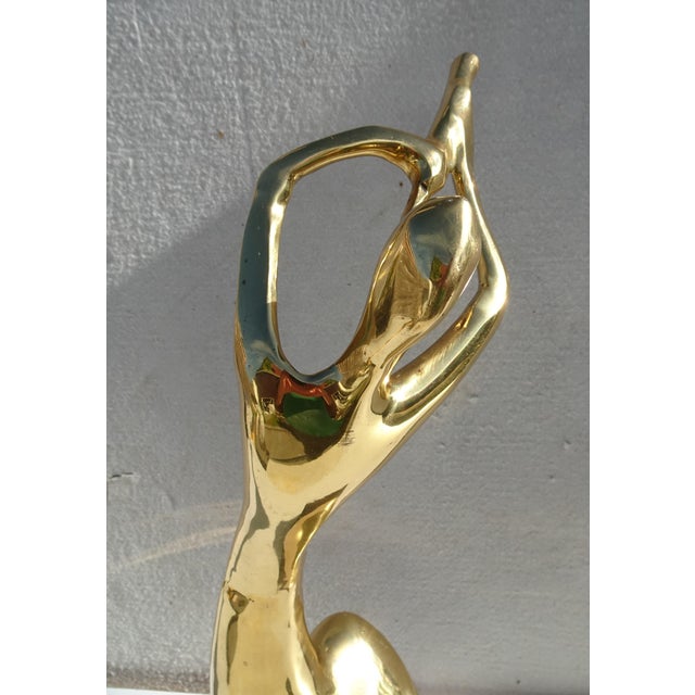 Large Abstract Brass Flute Player Sculpture on Wooden Base, 1970s For Sale - Image 9 of 11