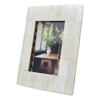 Vintage Bone and Teak Wood Picture Frame Mosaic | Retro Antique Brocante Bohemian Coastal | Cabin Western Gallery Wall Photo French Inlay For Sale
