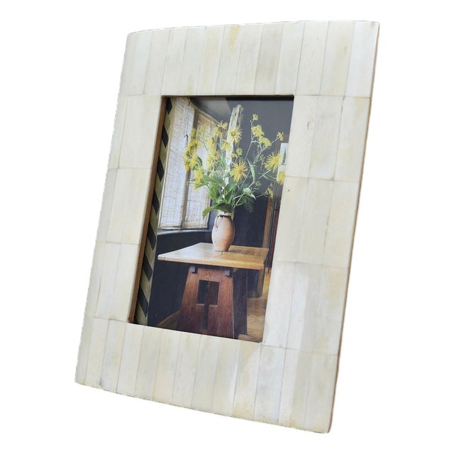 Vintage Bone and Teak Wood Picture Frame Mosaic | Retro Antique Brocante Bohemian Coastal | Cabin Western Gallery Wall Photo French Inlay For Sale