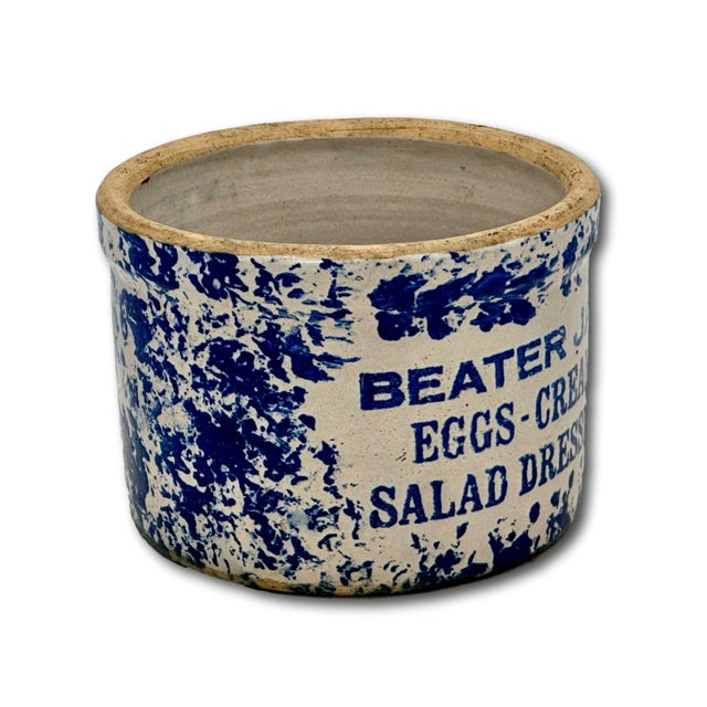 This Really is a Great Looking and Very Unusual Antique American Blue Sponge Ware Decorated Stoneware BEATER JAR. Circa...