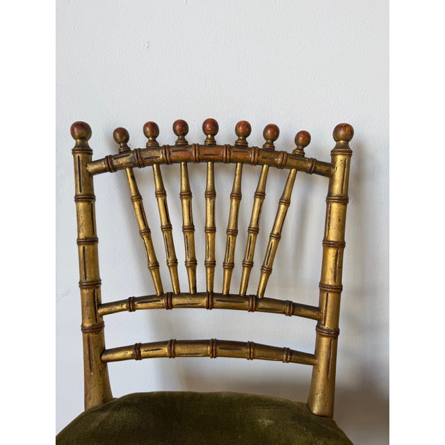 Wood Antique Italian Faux Bamboo Gilt Wood Accent Chairs With Green Velvet Upholstery – A Pair Description: For Sale - Image 7 of 12