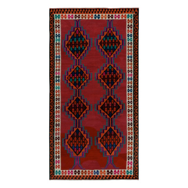 Textile 1950s Vintage Kilim Rug in Red With Colorful Geometric Patterns For Sale - Image 7 of 7