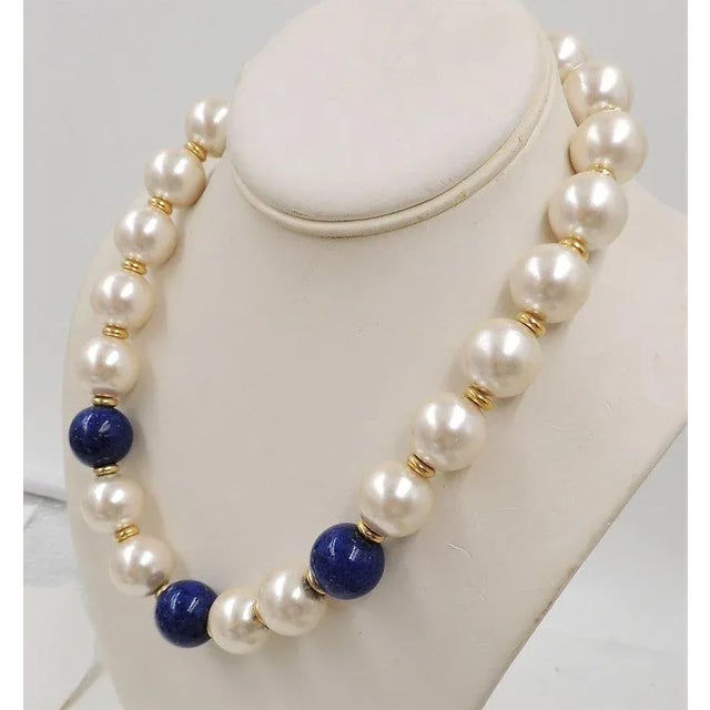 Vintage Circa 1992 Signed Napier Mabe Faux-Pearl & Lapis Necklace For Sale - Image 10 of 12