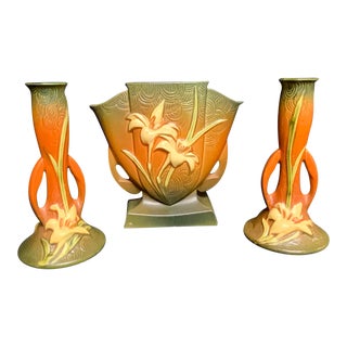 1940s Roseville Pottery Three Piece Set With Sienna Zephyr Lily Vase and Candlesticks For Sale