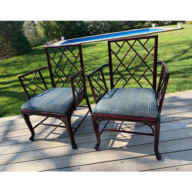 Air of Baker Chinoiserie Lacquered Lounge Chairs With Geometric Lattice Backs & Upholstered Seats For Sale - Image 13 of 18